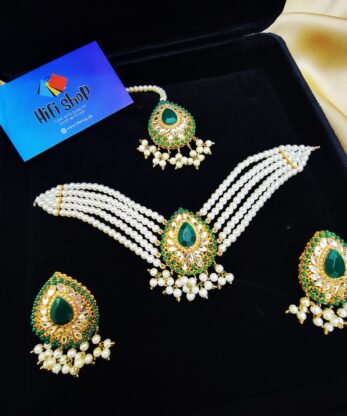 Elevate your traditional look with this delicate Gold-Plated Nauratan Necklace Chokar set for women.