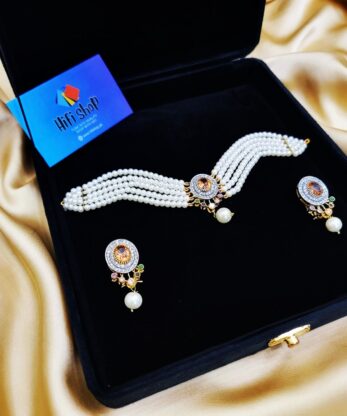 Stylish Gold Plated Pearl Drops Chokar Necklace Set with Earring for Women Girls