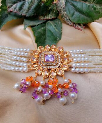 Kundan Chokar Set Purple Orange Color (3)