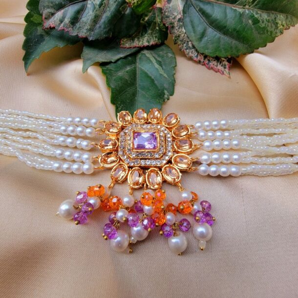 Kundan Chokar Set Purple Orange Color (3)