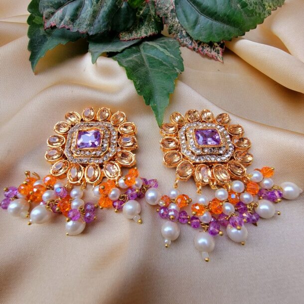 Kundan Chokar Set Purple Orange Color (3)