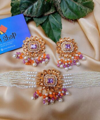 Kundan Chokar Set Purple Orange Color (3)