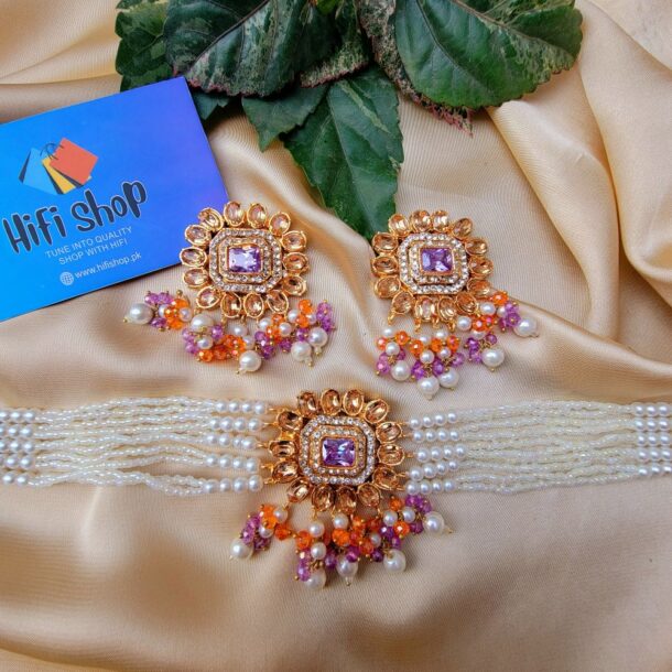 Kundan Chokar Set Purple Orange Color (3)