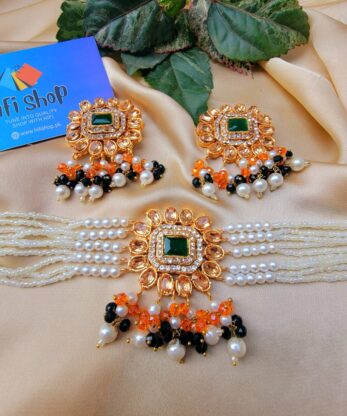 Kundan Chokar Set with Earrings (Green-Orange)