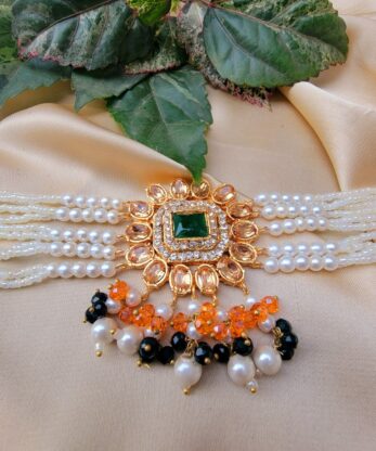 Kundan Chokar Set with Earrings (Green-Orange)