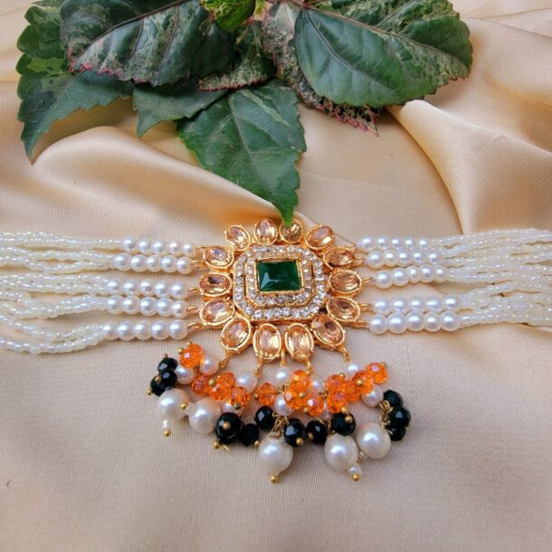 Kundan Chokar Set with Earrings (Green-Orange)