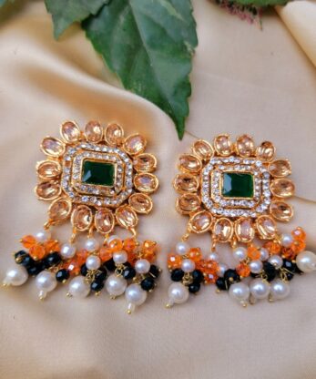 Kundan Chokar Set with Earrings (Green-Orange)