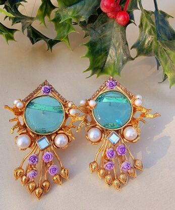 Turkish Classic Earrings with Lovely Pearl and Purple Florals Pattern