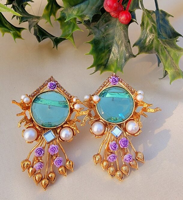 Turkish Classic Earrings with Lovely Pearl and Purple Florals Pattern