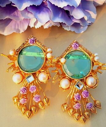 Turkish Classic Earrings with Lovely Pearl and Purple Florals Pattern