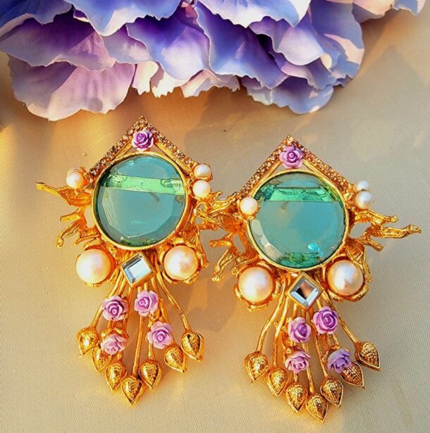 Turkish Classic Earrings with Lovely Pearl and Purple Florals Pattern