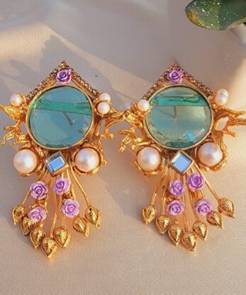 Turkish Classic Earrings with Lovely Pearl and Purple Florals Pattern