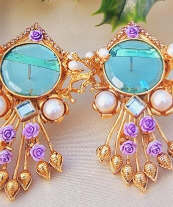 Turkish Classic Earrings with Lovely Pearl and Purple Florals Pattern