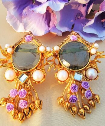 Turkish Style Earrings with White Pearls and Purple Floral Accents (Grey Color)