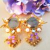 Turkish Style Earrings with White Pearls and Purple Floral Accents (Grey Color)