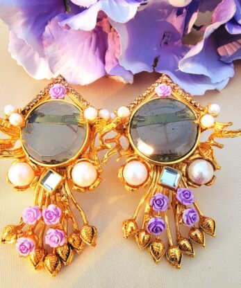 Turkish Style Earrings with White Pearls and Purple Floral Accents (Grey Color)