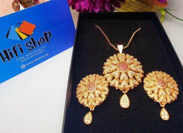 Gold-plated Pendant Set with Ruby and Zircons