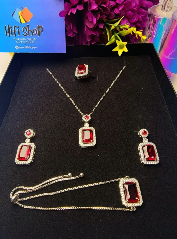 This elegant pendant set with earrings, rings, and bracelet is designed for women and girls for all occasions.