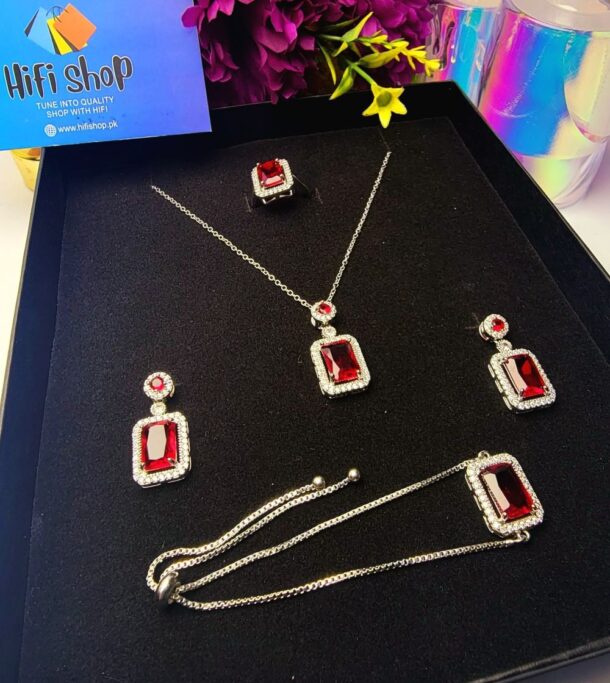 This elegant pendant set with earrings, rings, and bracelet is designed for women and girls for all occasions.