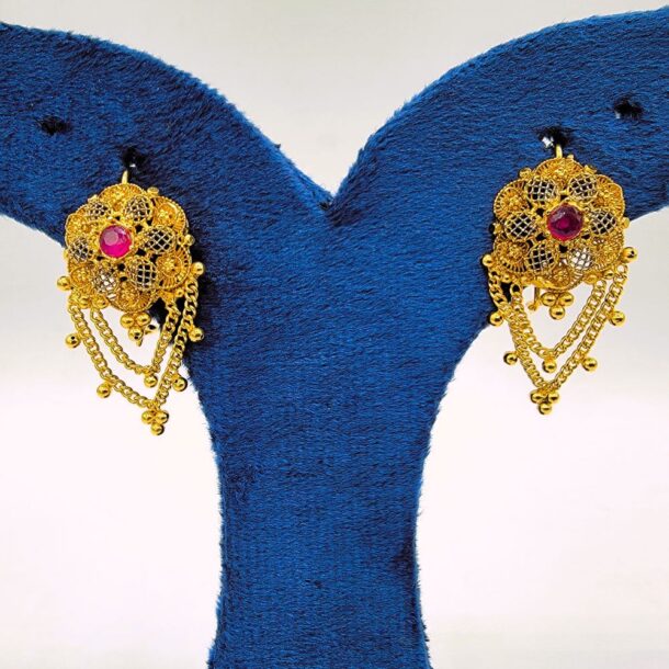 Exquisite Gold-Polished Earrings with Ruby Stone