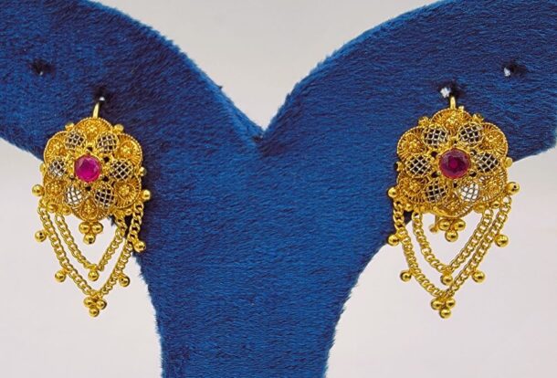 Exquisite Gold-Polished Earrings with Ruby Stone