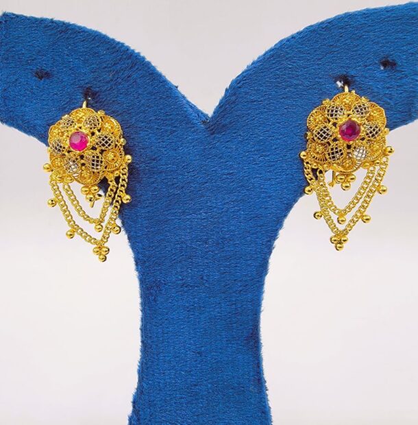 Exquisite Gold-Polished Earrings with Ruby Stone