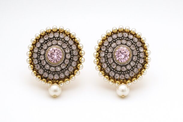 Sparkling Pink Stone Earrings with Pearls