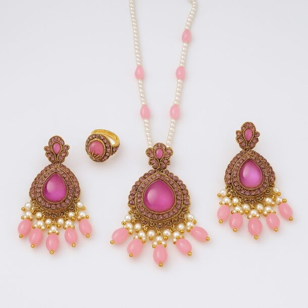 Radiant Pink Maala Set with Earrings & Ring