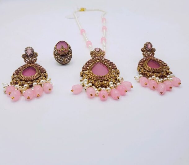 Radiant Pink Maala Set with Earrings & Ring