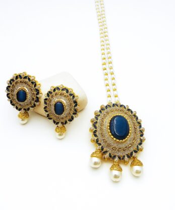 Splendid Pearl Drop Maala Set with Matching Earrings (Navy & Gold)